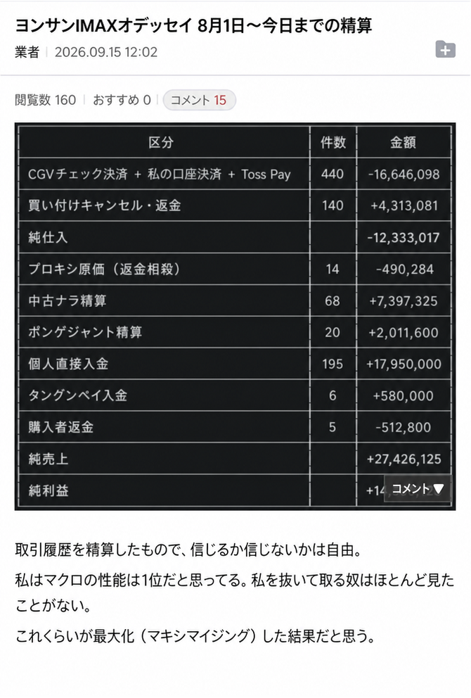 ヨンサンIMAXオデッセイ映画チケットのマクロ予約およびダフ屋販売の収益精算表のスクリーンショット。