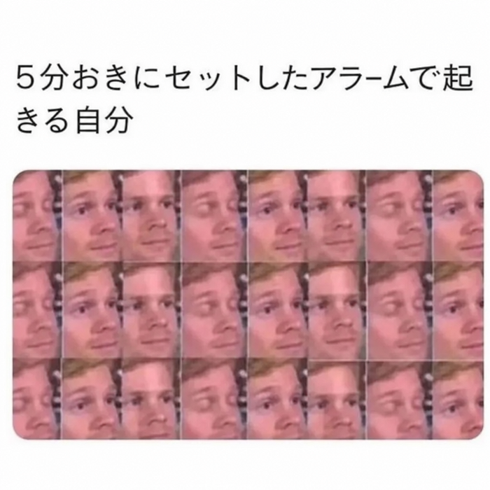 5分おきにセットしたアラームで起きる様子を表したミーム画像。目を閉じたり開いたりする「まばたきする白人男性」のリアクション画像のグリッド。