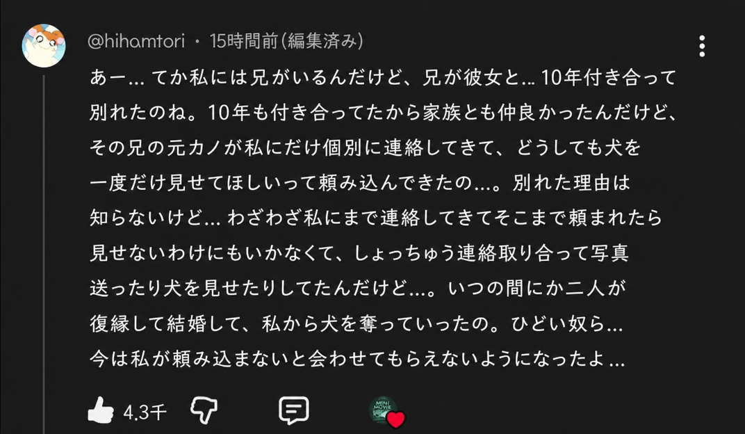 YouTubeコメント欄のキャプチャ画像：兄と10年付き合って別れた元カノが、犬を一度だけ見せてほしいと懇願してきたので見せ続けていたら、結局二人は復縁して結婚し、犬を連れて行ってしまい、今では自分が犬を見せてほしいと頼まなければならなくなったというエピソード