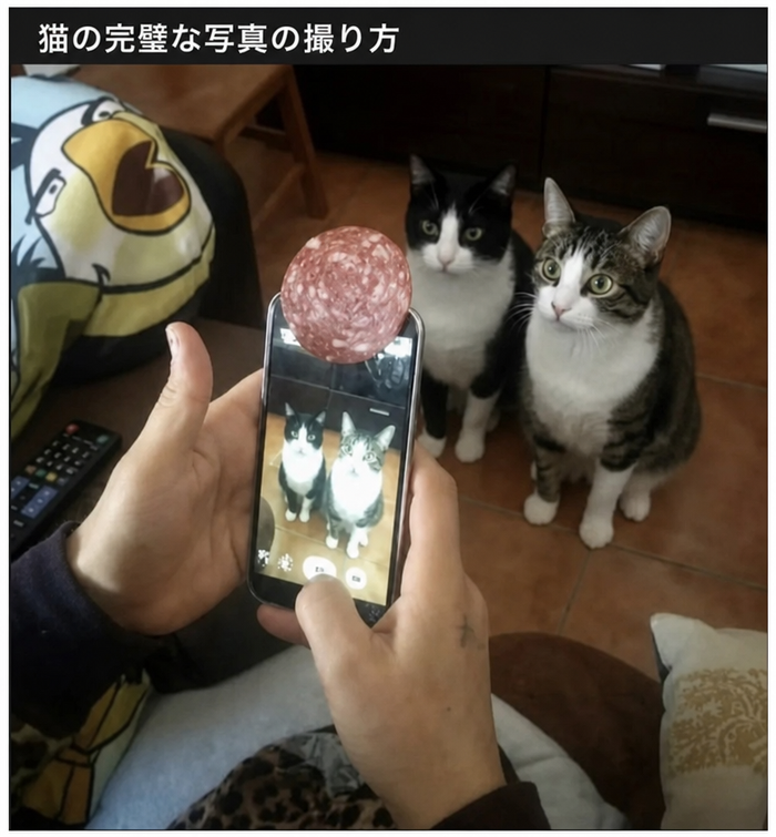 スマホの上端にサラミを貼り付け、じっとこちらを見つめる2匹の猫を撮影している様子。