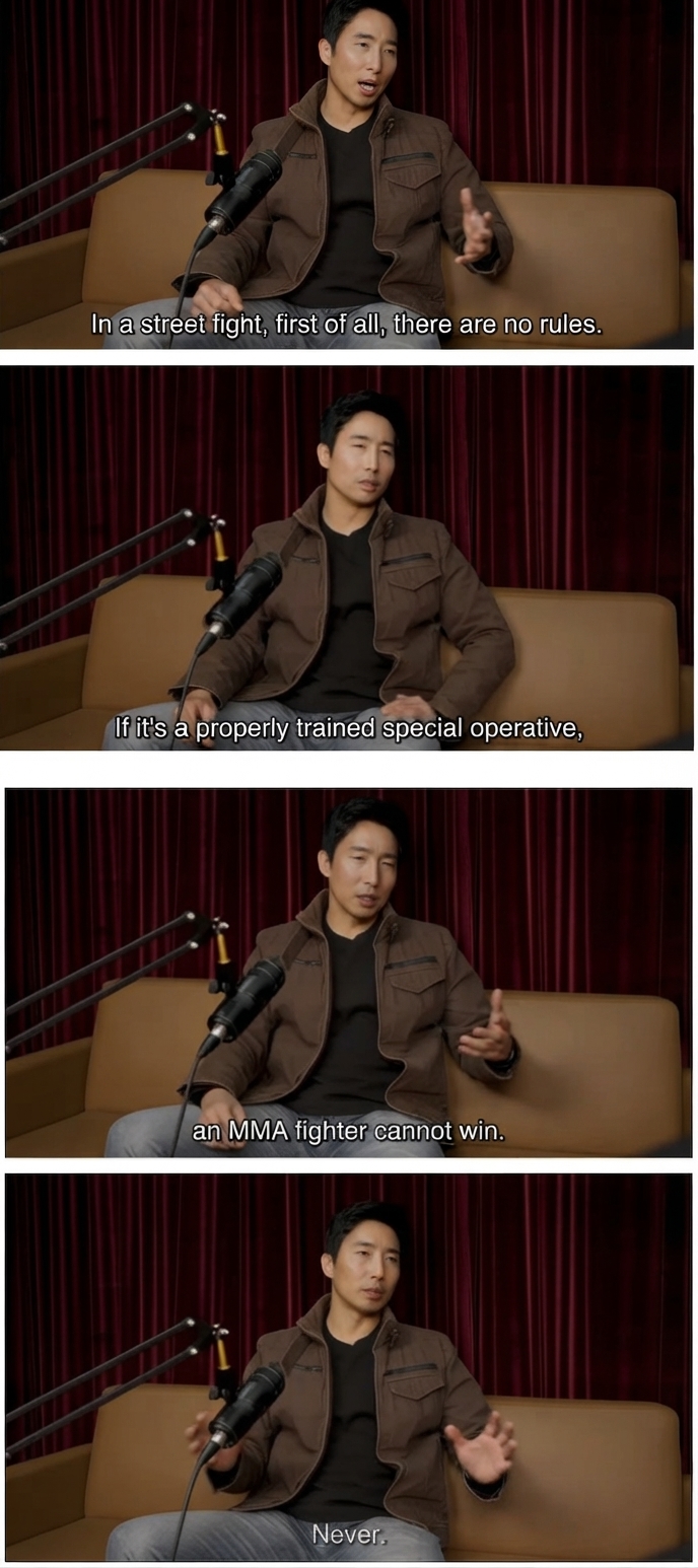 A 4-panel broadcast capture of former Captain Rhee Ken stating in an interview that in a street fight with no rules, a properly trained special forces operative will unconditionally defeat an MMA fighter.