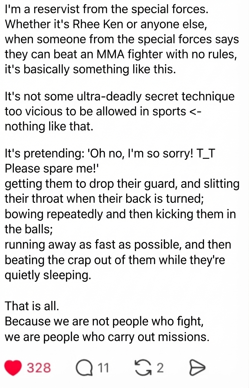 A screenshot of an SNS post written by a special forces reservist, explaining that winning against a fighter isn't about secret martial arts, but operational execution like catching them off guard and striking from behind, bowing and kicking the groin, or running away and ambushing them in their sleep.