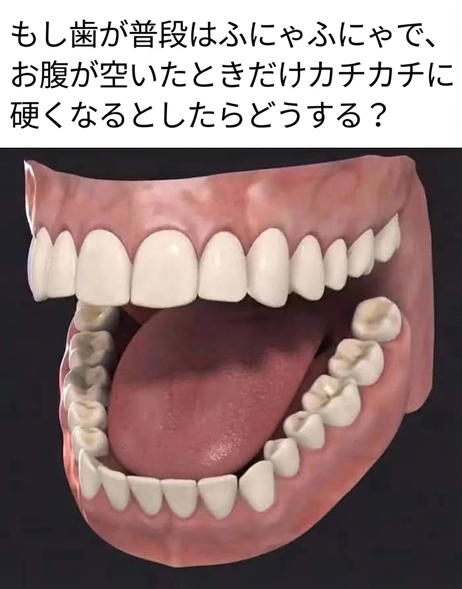 お腹が空くまで歯が元々ふにゃふにゃだったらどうなるかを問うテキストが添えられた、開いた口と歯の3Dモデル。