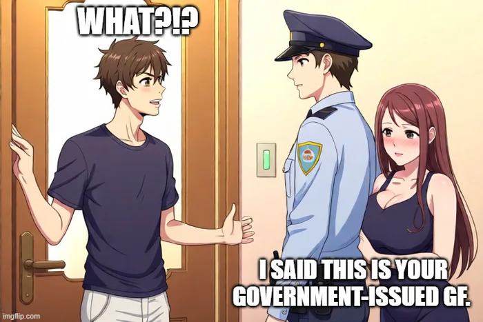 Anime-style illustration where a police officer delivers a blushing woman to a surprised young man at his front door with the text: 'WHAT?!?' and 'I SAID THIS IS YOUR GOVERNMENT-ISSUED GF.'