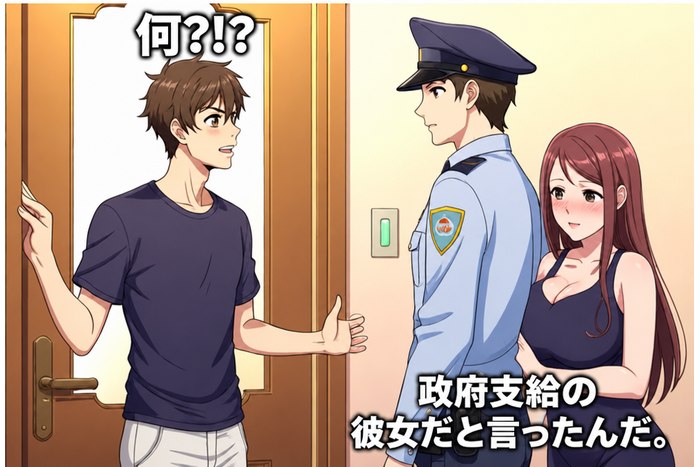警察官が赤面する女性を驚いた様子の若者の家の玄関に連れてきているアニメ調のイラスト。'何?!?''政府支給の彼女だと言ったんだ。'というテキストが描かれている。