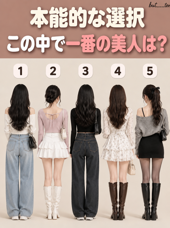 1番から5番まで番号が付けられ、異なるスタイルの服を着て背を向けて立っている5人の女性の後ろ姿の画像