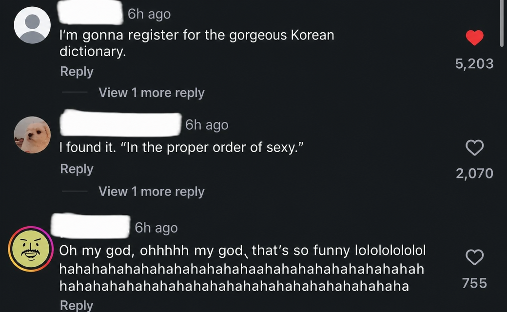 A screenshot of Instagram comments suggesting 'yareumdapda' should be added to the dictionary, claiming it's the long-lost native Korean word for 'sexy'.