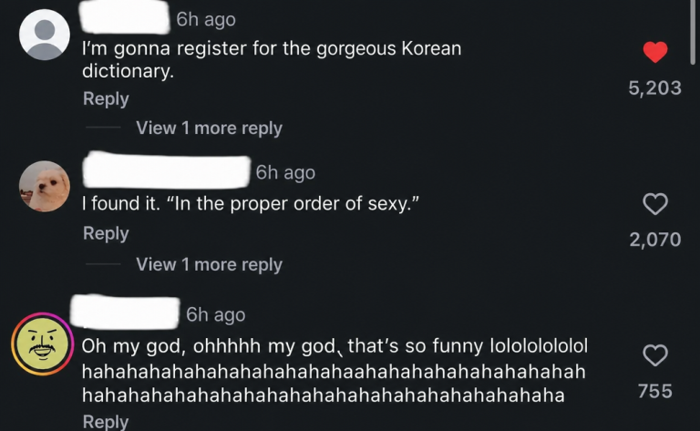 A screenshot of Instagram comments suggesting 'yareumdapda' should be added to the dictionary, claiming it's the long-lost native Korean word for 'sexy'.
