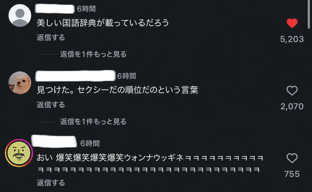 「ヤルムダプダ」は国語辞典に載せるべきだ、ついに見つけた「セクシー」の和語だ、という反応がついたインスタグラムのコメント欄のキャプチャ。