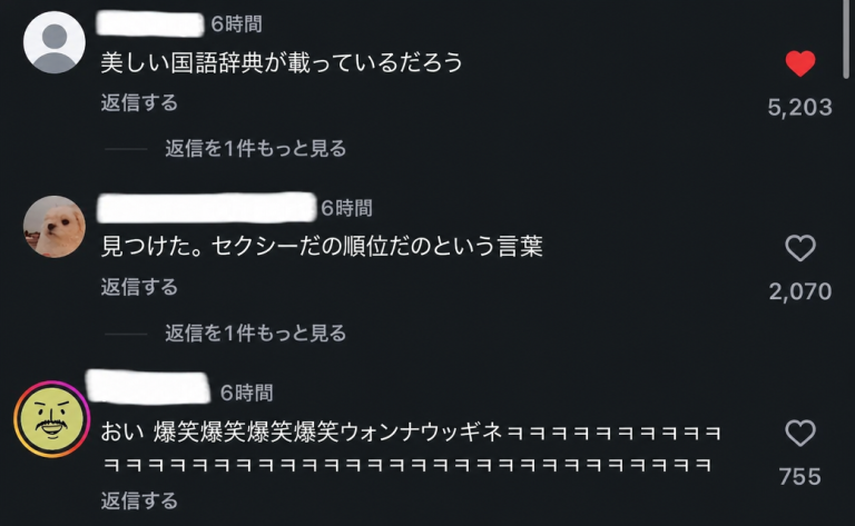 「ヤルムダプダ」は国語辞典に載せるべきだ、ついに見つけた「セクシー」の和語だ、という反応がついたインスタグラムのコメント欄のキャプチャ。