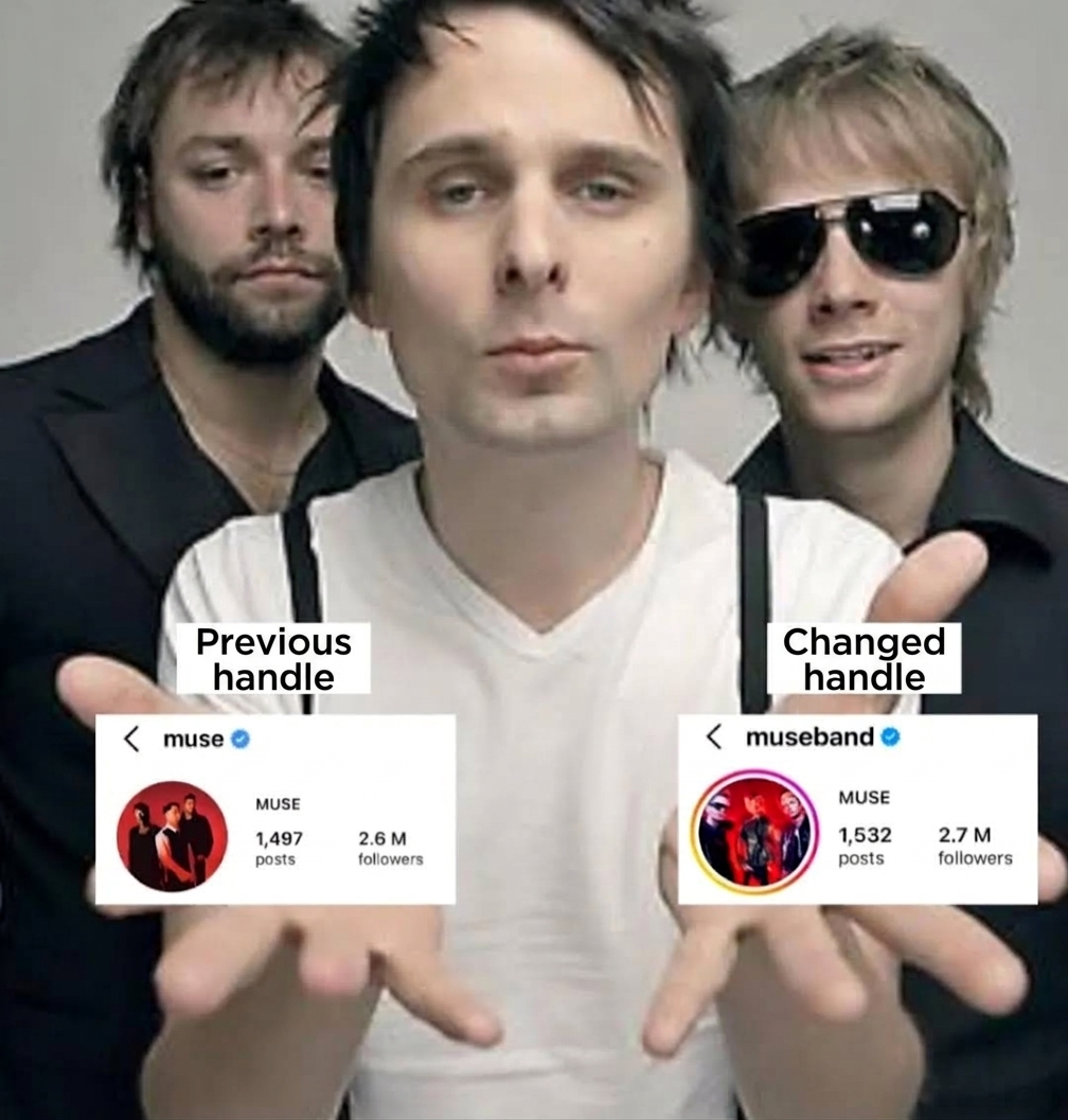 The rock band Muse with overlaid screenshots showing their handle changing from muse to museband.