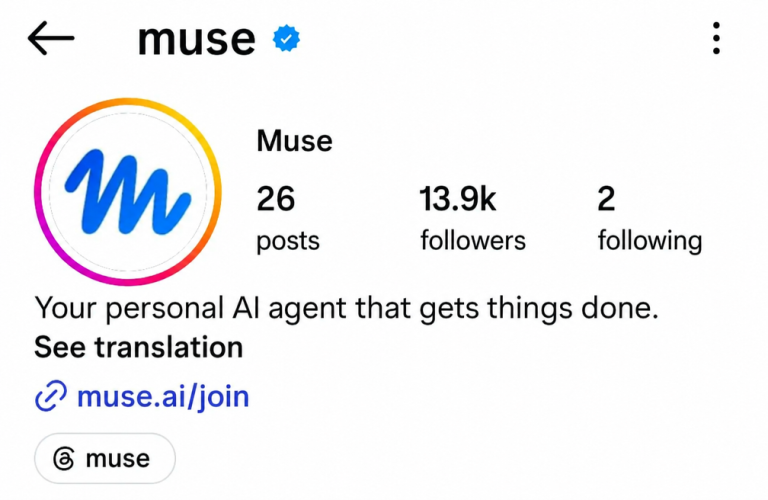 Instagram profile for the handle muse promoting an AI agent service.
