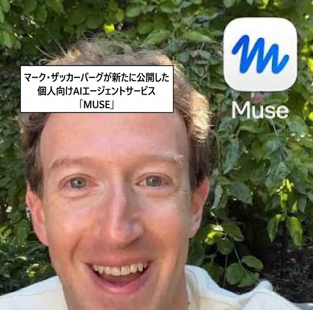 マーク・ザッカーバーグの笑顔の写真と、AIエージェントサービス「MUSE」のアイコン。