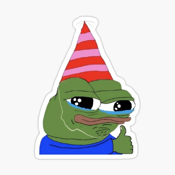Pepe the Frog wearing a birthday party cone hat, teary-eyed while giving a thumbs up