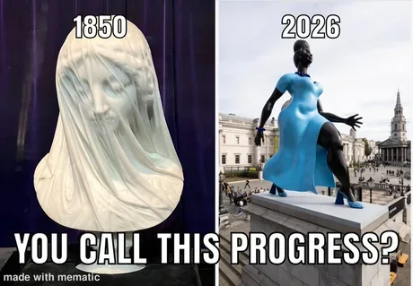 1850年の精巧なベールをまとった女性の大理石像と、2026年の青いドレスを着た現代的で様式化された像が並べて比較されており、「1850」、「2026」、「これが進歩とでも言うのか？」というテキストが表示されています。