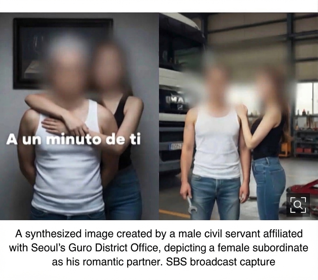 Broadcast screen showing an AI-synthesized couple photo of a man and woman embracing warmly.