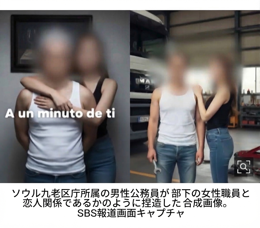 男女が仲睦まじく抱き合っているAI合成カップル写真の報道画面