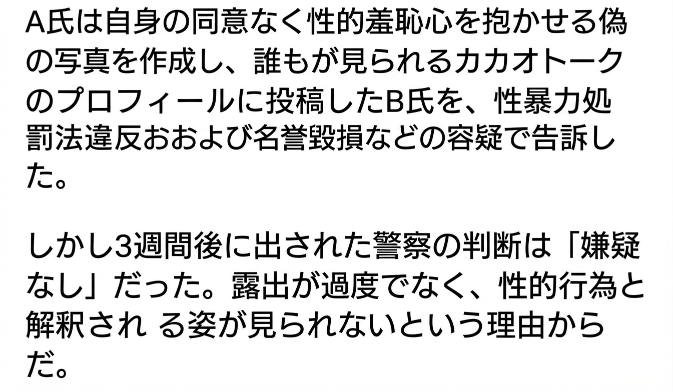 警察の嫌疑なし処分の理由を扱ったニュース記事本文のキャプチャ