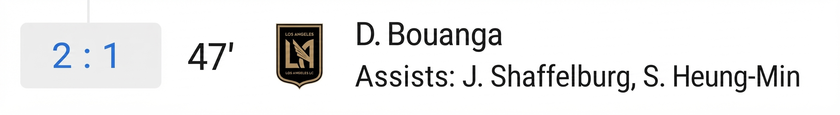 Official match record screen showing Son Heung-min credited with an assist on Bouanga's 47th-minute goal