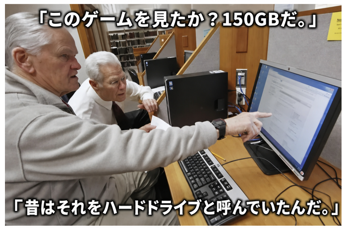 パソコンデスクでモニターを指差す二人の老人と、現代のゲームのインストールサイズと昔のハードドライブの容量を比較したミーム。