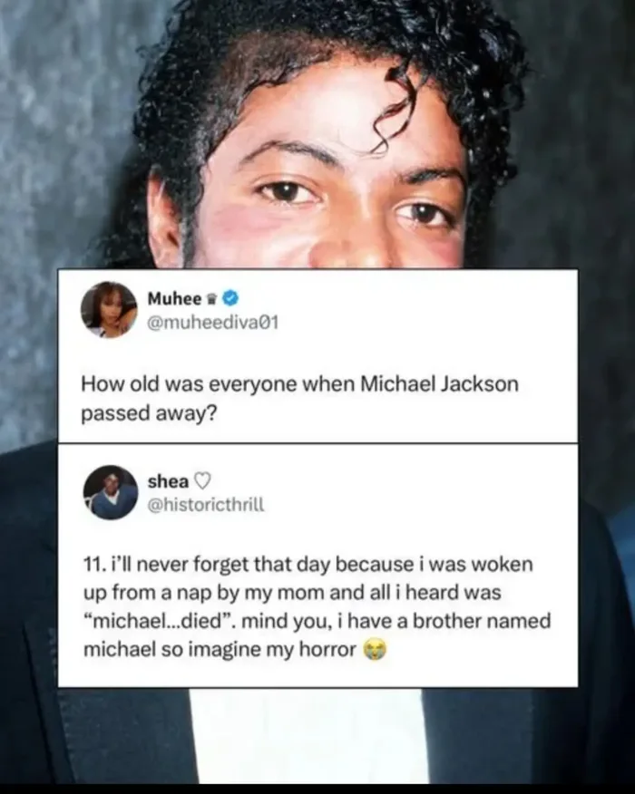 A social media screenshot over a picture of Michael Jackson. User Muhee asks how old everyone was when Michael Jackson passed away. User shea replies that they were 11 and were woken up from a nap by their mom saying 'michael...died', which horrified them because their brother is named Michael.