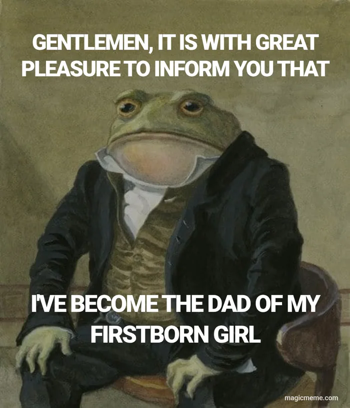 A formal painting of a toad dressed in a gentleman's tuxedo sitting in a chair, accompanied by text announcing the birth of a firstborn daughter.