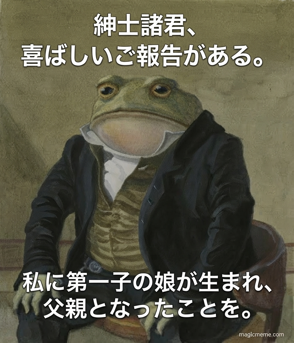 タキシードを着て椅子に座る紳士なヒキガエルの肖像画と、第一子の長女誕生を知らせるテキストが添えられた画像。