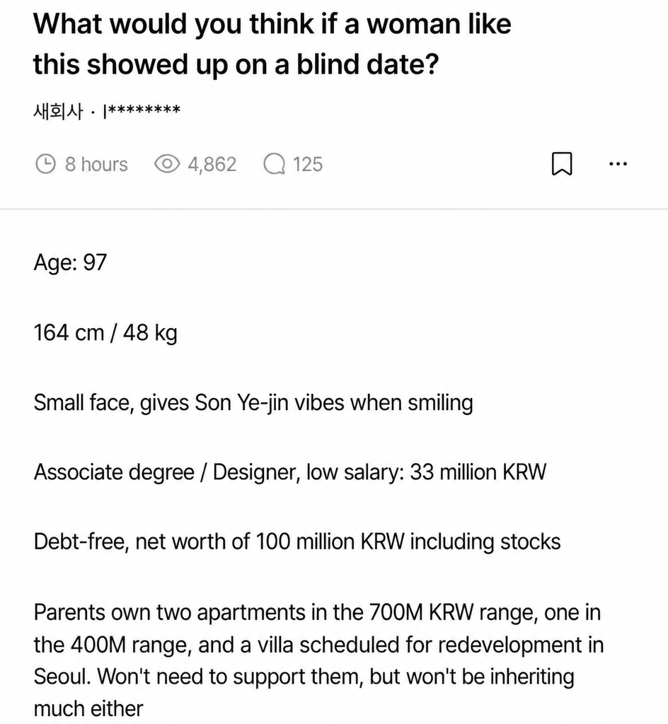 A screenshot of a post from an anonymous workplace community asking about a blind date match's specs, where the age is written as 97 instead of born in '97.
