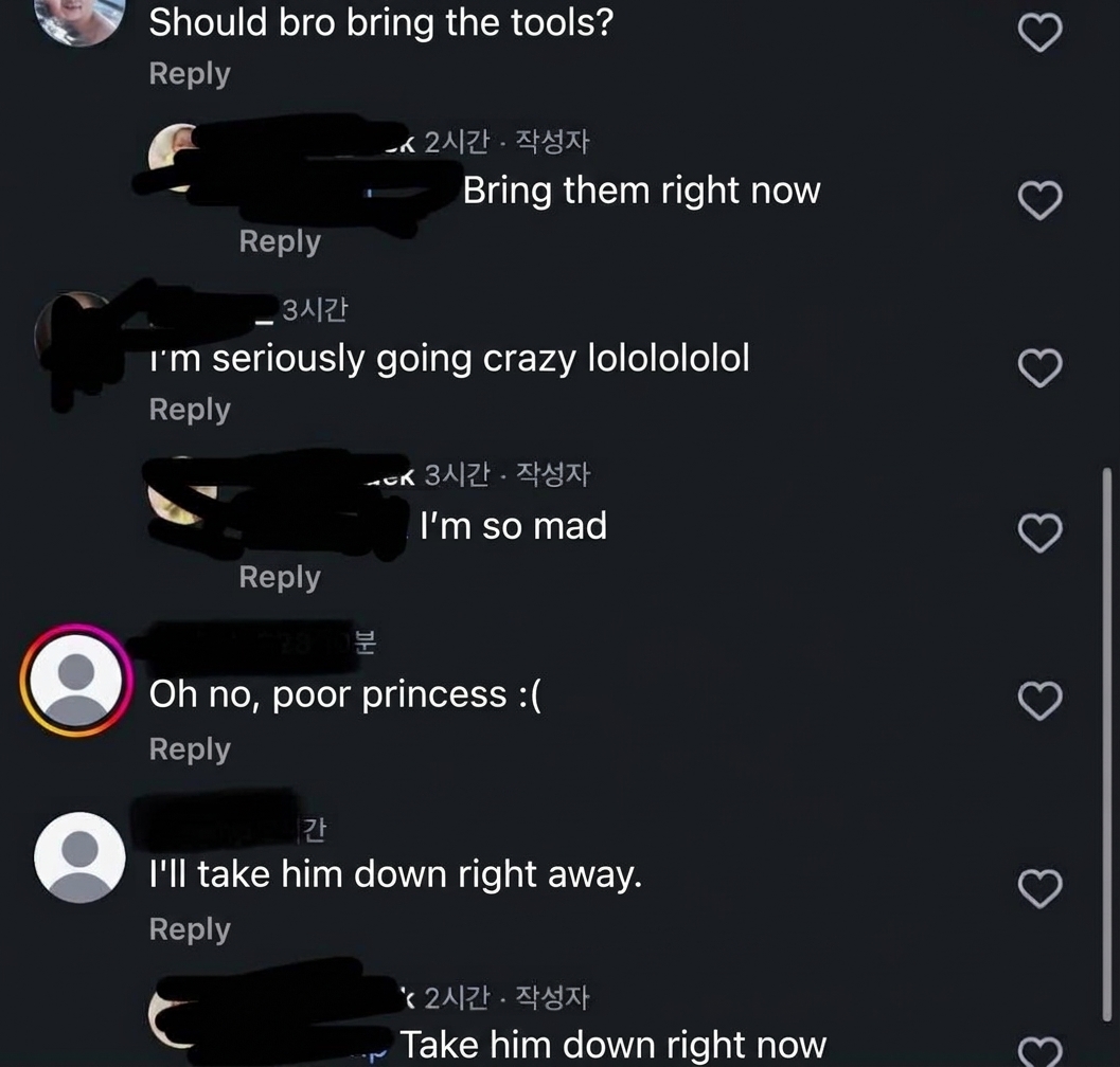 A screenshot of comments showing escalating remarks with acquaintances about bringing tools and seeking retribution.