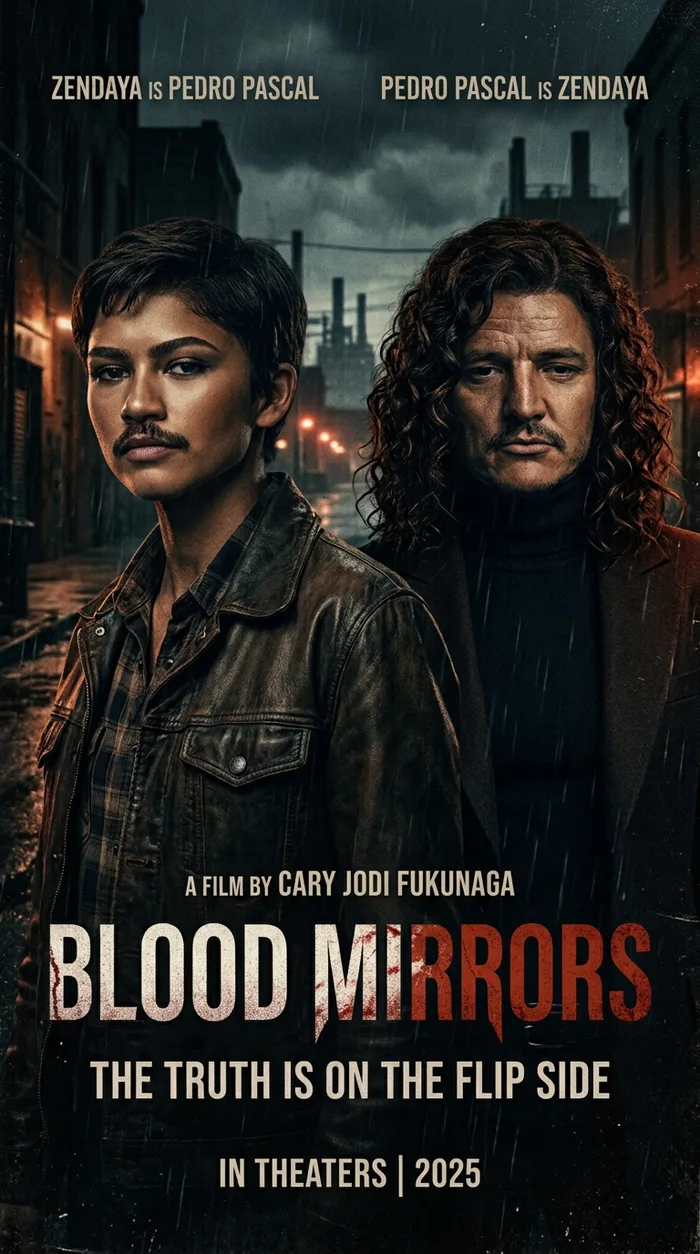 A parody movie poster titled Blood Mirrors featuring Zendaya with a mustache and Pedro Pascal with long wavy hair, stating Zendaya is Pedro Pascal and Pedro Pascal is Zendaya.