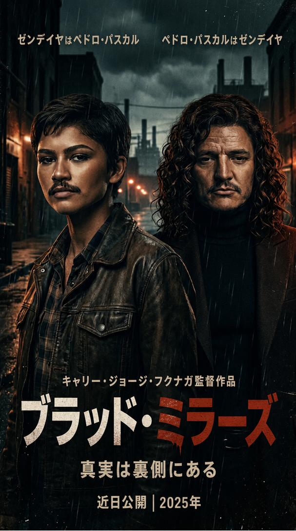 口ひげを生やしたゼンデイヤと、長いウェーブヘアのペドロ・パスカルがフィーチャーされ、「ゼンデイヤはペドロ・パスカルであり、ペドロ・パスカルはゼンデイヤである」と記されたパロディ映画ポスター『Blood Mirrors』。