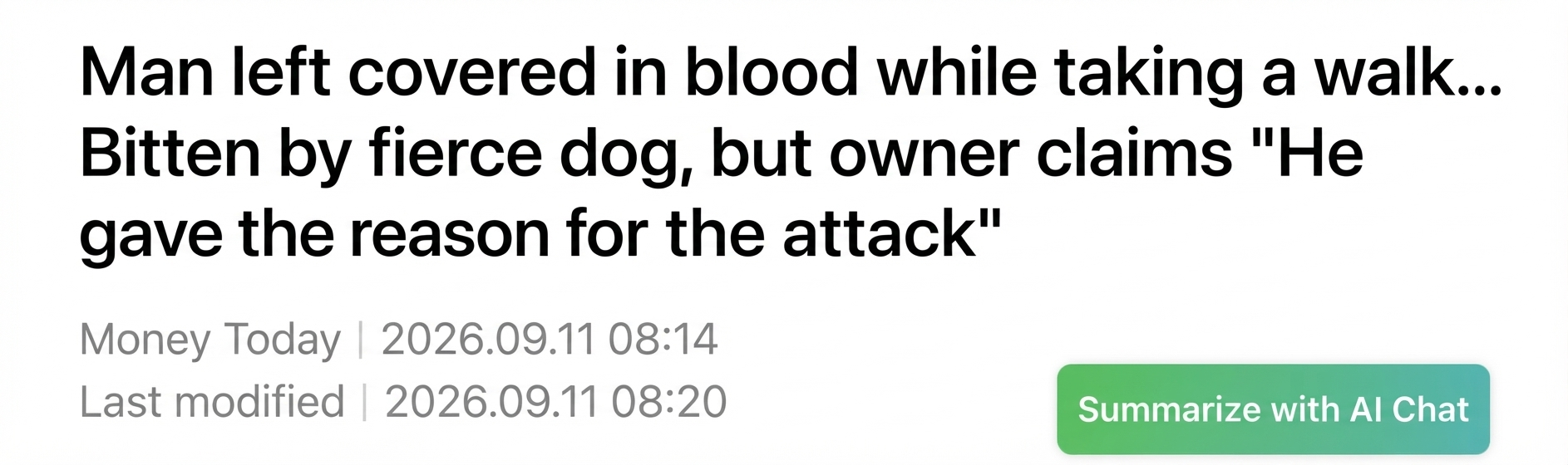 Online news headline capture reporting that a man on a walk was bitten by a fierce dog, but the owner claims the victim provoked the attack.