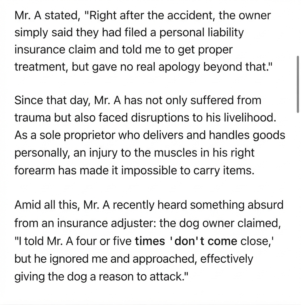 Capture of an article describing the victim's injuries, disruptions to his business, and the owner's claim that they repeatedly warned him not to come close, arguing he provoked the attack.