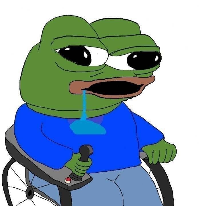 Illustration of Pepe the Frog sitting in a wheelchair and drooling