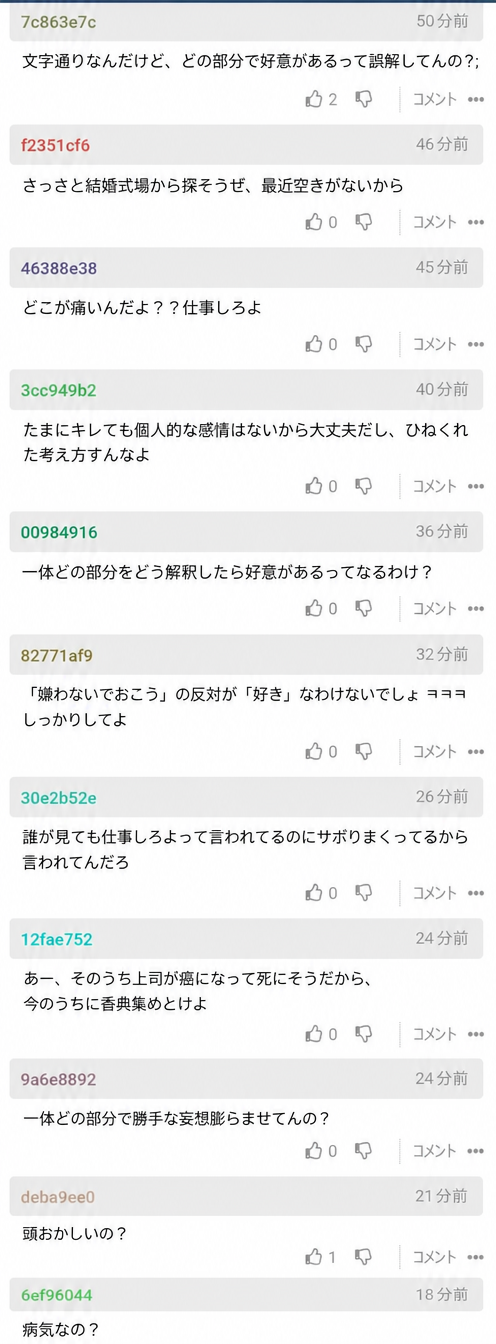 文字通り仕事だけしろという意味だと投稿者の自意識過剰に呆れるネットユーザーのコメント一覧のスクリーンショット画面。