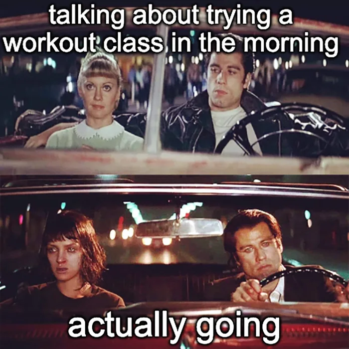 A two-panel meme comparing talking about an early workout to actually going, showing pristine John Travolta and Olivia Newton-John in Grease on top, versus disheveled John Travolta and Uma Thurman in Pulp Fiction on the bottom.