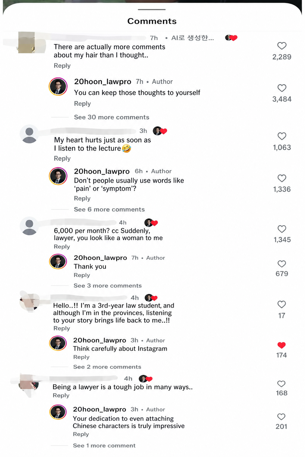 A screenshot of Instagram comments where netizens are making jokes about hair loss, using puns related to hair and being 'furry,' and the lawyer responding firmly.