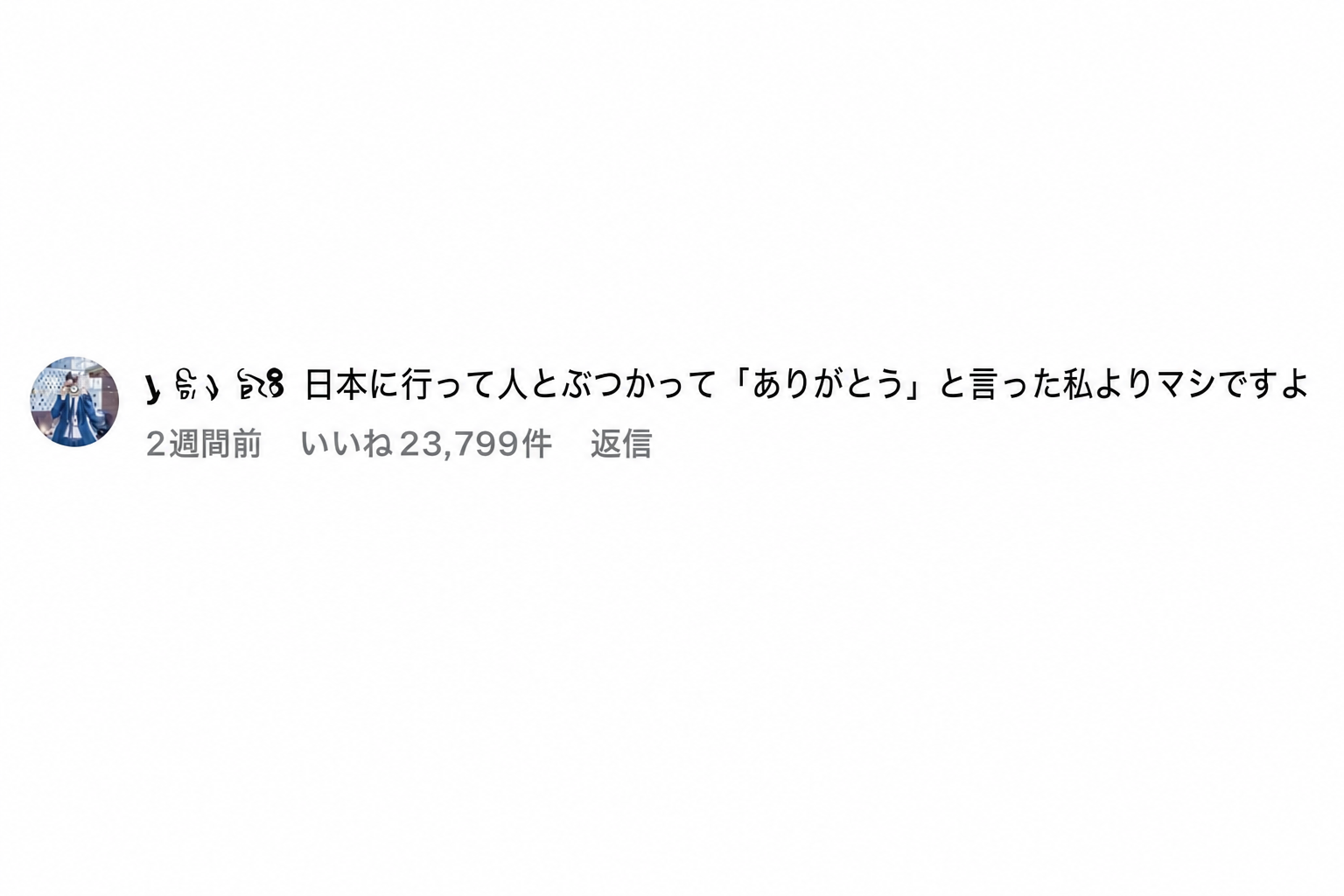 コメント欄に「日本に行って人とぶつかって『ありがとう』と言った私よりマシですよ」と書かれたベストコメントのキャプチャ。