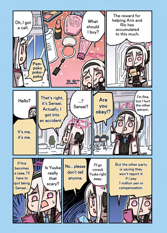 A Korean translated comic where Kei from Blue Archive receives a voice phishing call and almost gets tricked.