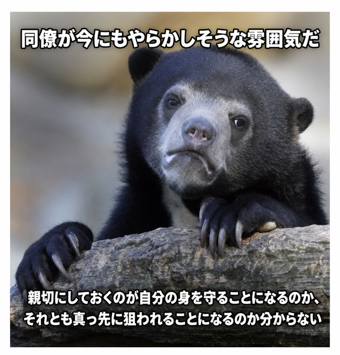 職場の不安定な同僚に対して、親切にすることが自分を救うのか、それとも破滅させるのかを思案する告白クマのミーム。