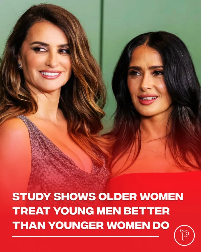 Actresses Penélope Cruz and Salma Hayek posing together beneath text about a study on older women.