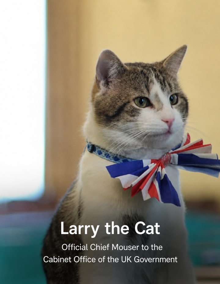Larry, the Chief Mouser to the Cabinet Office, wearing a ribbon with the British flag pattern around his neck.