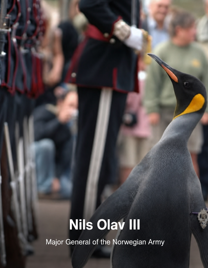 Nils Olav III, a King Penguin and Norwegian Army Brigadier, standing and lifting his head at a military inspection.