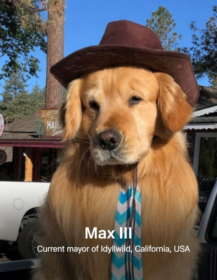 Max III, a Golden Retriever serving as the mayor of Idyllwild, California, wearing a hat and tie.