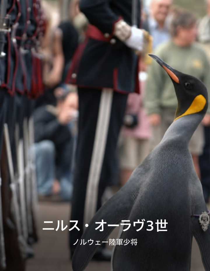 近衛兵の観閲式に立ち、頭を上げているノルウェー陸軍准将のキングペンギン、ニルズ・オラフ3世
