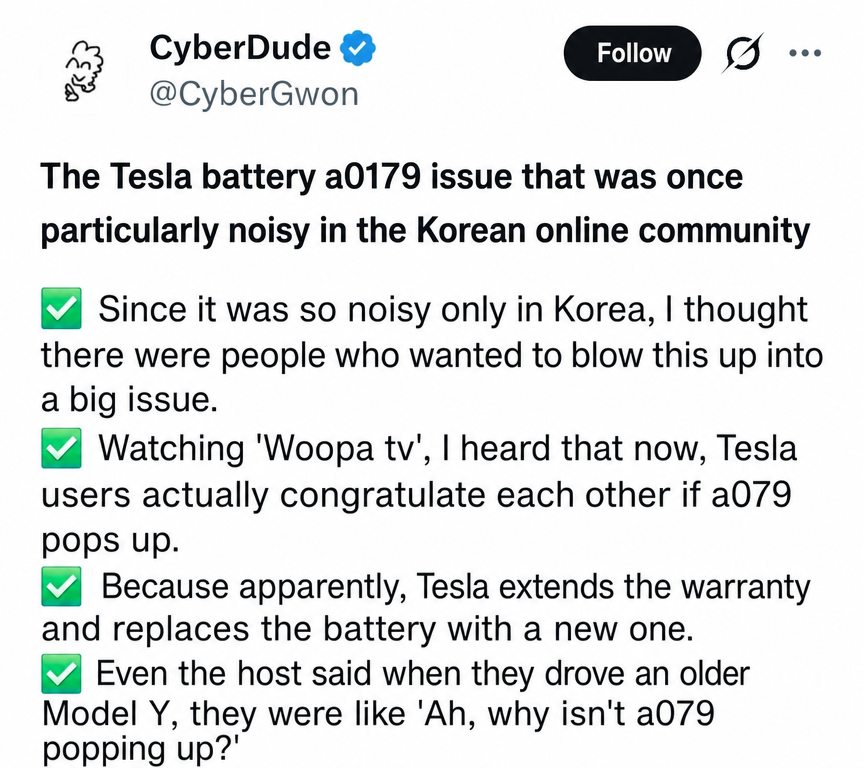 A social media post explaining that when Tesla's a079 battery warning light comes on, owners are congratulated because they get a battery replacement and warranty extension.