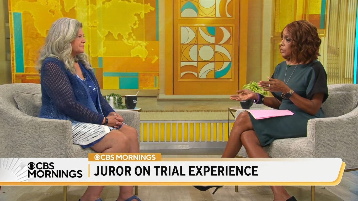 Host Gayle King interviewing juror Paula Devlin seated across from each other on CBS Mornings