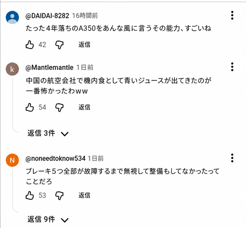 YouTube動画のコメント欄に寄せられた、整備不良や機内食に関する反応