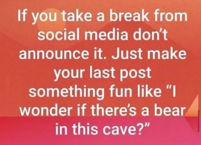 A text post on an orange gradient background saying: If you take a break from social media don't announce it. Just make your last post something fun like 'I wonder if there's a bear in this cave?'