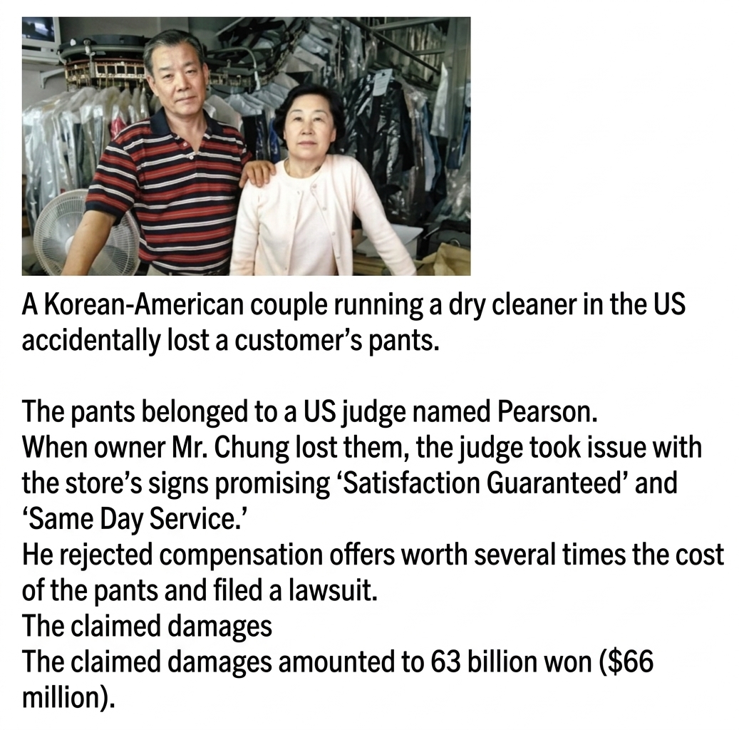 A Korean couple standing in their dry cleaner shop, with Korean explanatory text below.